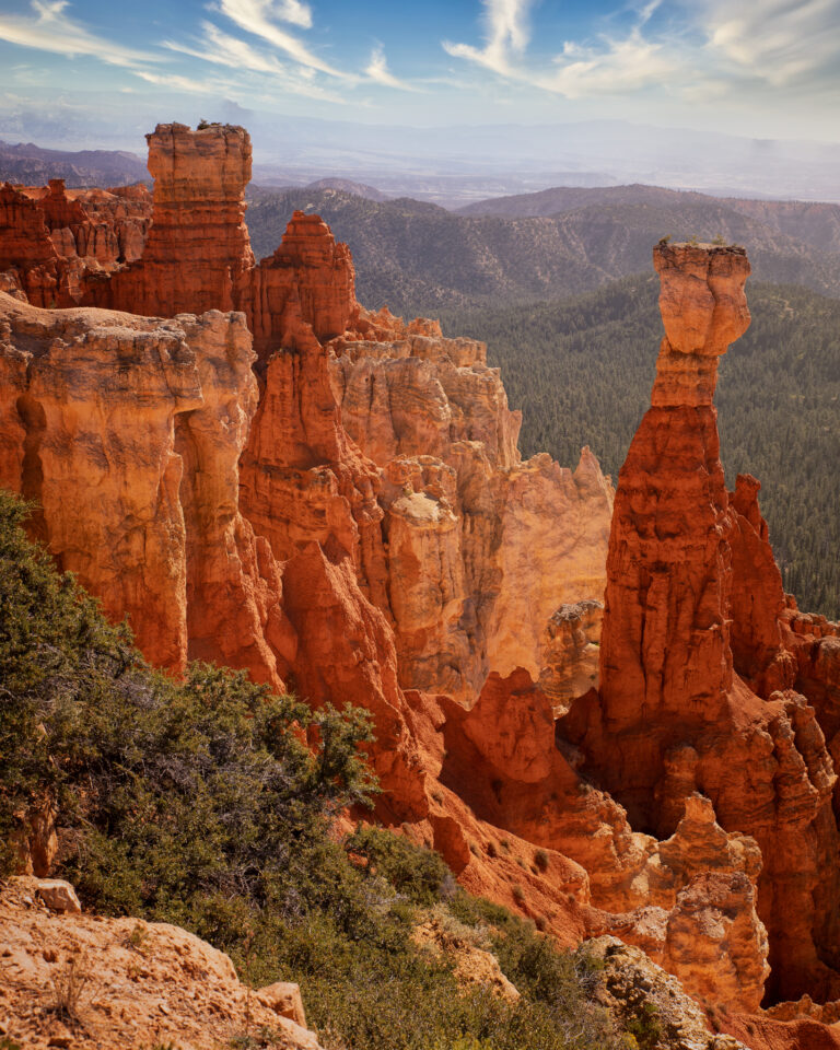 Formaciones rocosas de arenisca roja en Bryce Canyon con bosque de coníferas al fondo y cielo azul con nubes