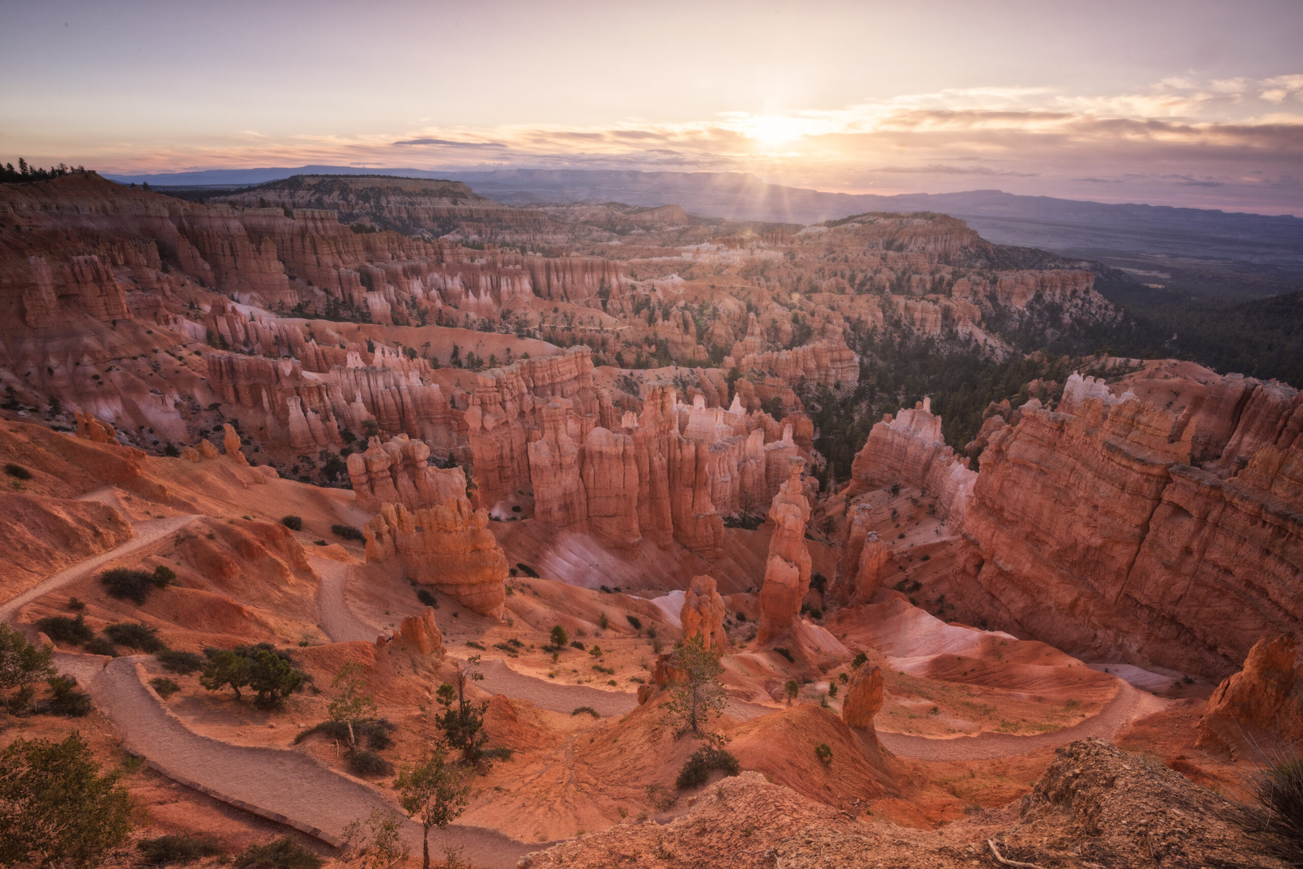 Amanecer en Bryce Canyon con formaciones rocosas de arenisca roja y bosque de coníferas al fondo