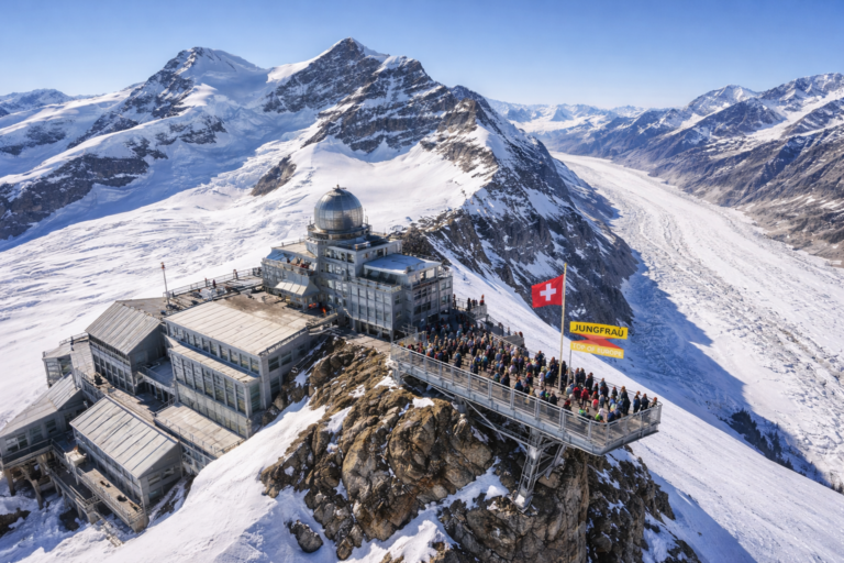Vista aérea del Jungfraujoch Top of Europe con el mirador y el glaciar Aletsch al fondo, Alpes suizos fotografiados durante un viaje de Zero Expeditions