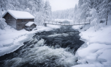 Río con rápidos congelados, cabaña de madera y puente en bosque nevado de Laponia