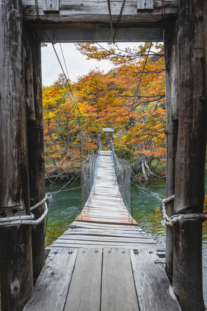 Puente colgante de madera sobre río con bosque de otoño al fondo en la Patagonia