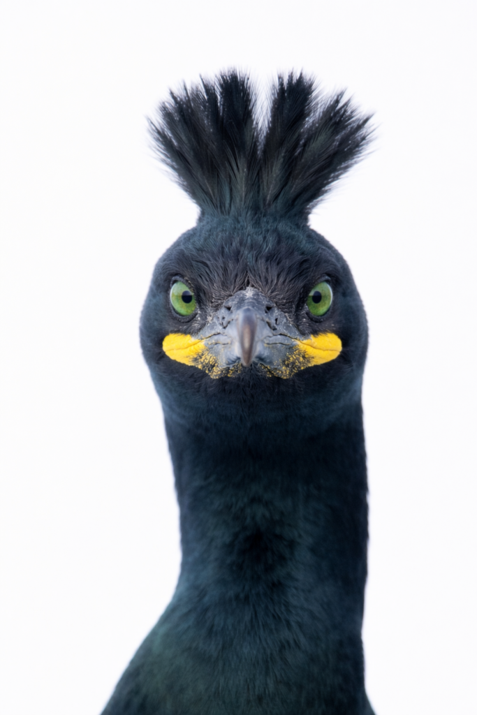 Cormorán moñudo negro con cresta erizada, ojos amarillos y manchas amarillas en las mejillas, mirando directamente a cámara
