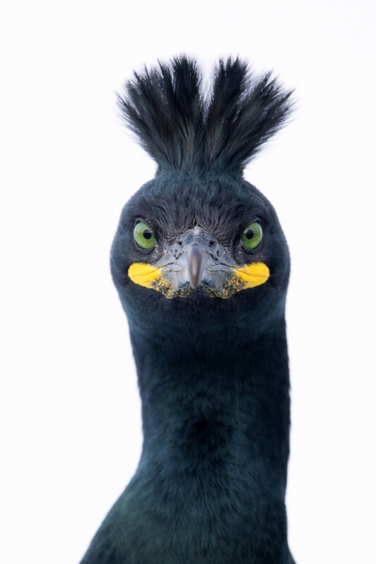 Cormorán moñudo negro con cresta erizada, ojos amarillos y manchas amarillas en las mejillas, mirando directamente a cámara