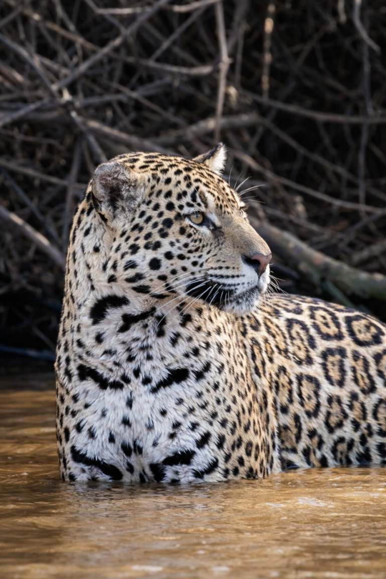 Jaguar descansando en agua poco profunda con ramas secas de fondo en el Pantanal