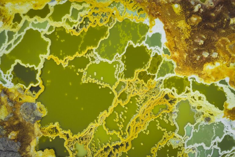 Aguas termales de colores verde y amarillo con depósitos minerales en Etiopía