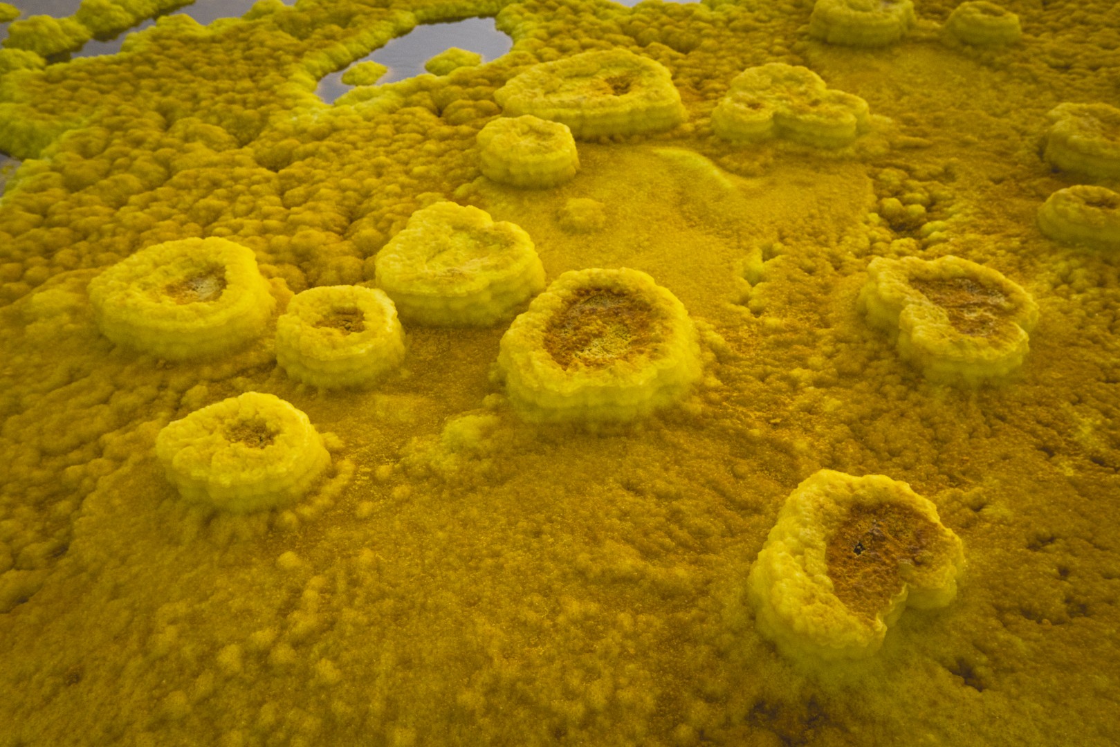 Formaciones geológicas amarillas de azufre con cráteres circulares en el suelo volcánico de Etiopía