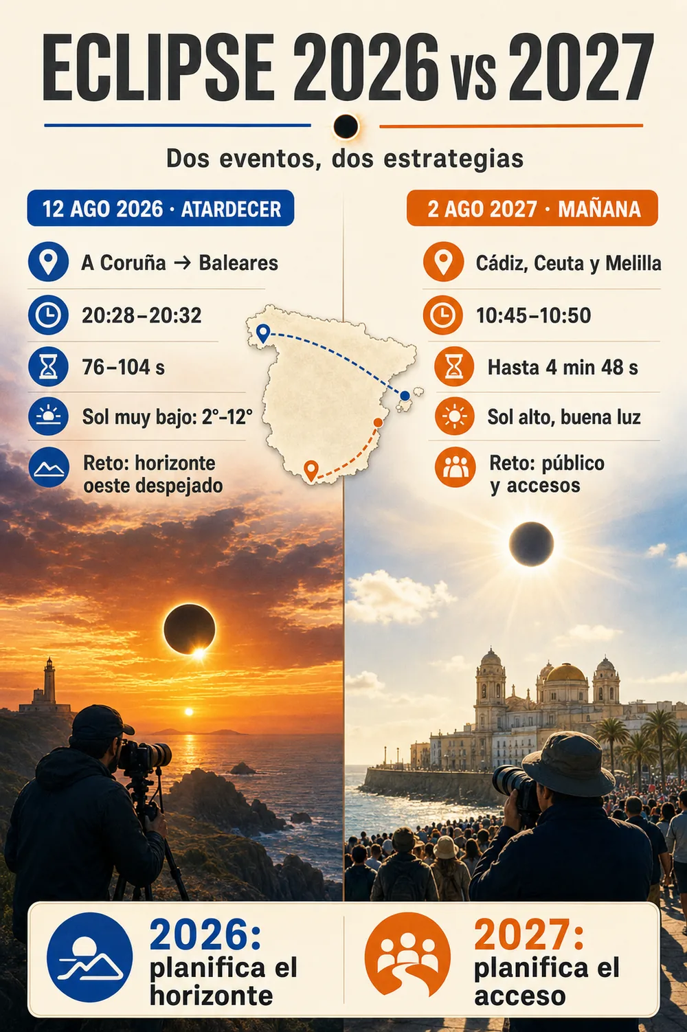 Infografía comparativa entre el eclipse solar de 2026 y el de 2027 en España