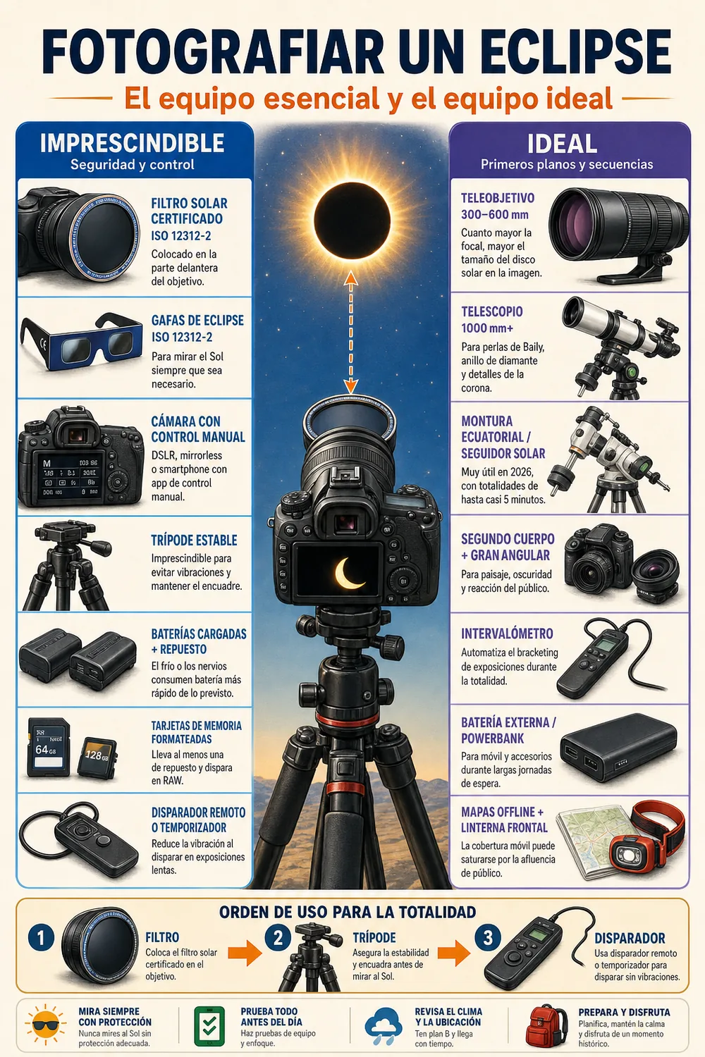 Infografía con el equipo fotográfico necesario e ideal para fotografiar un eclipse solar