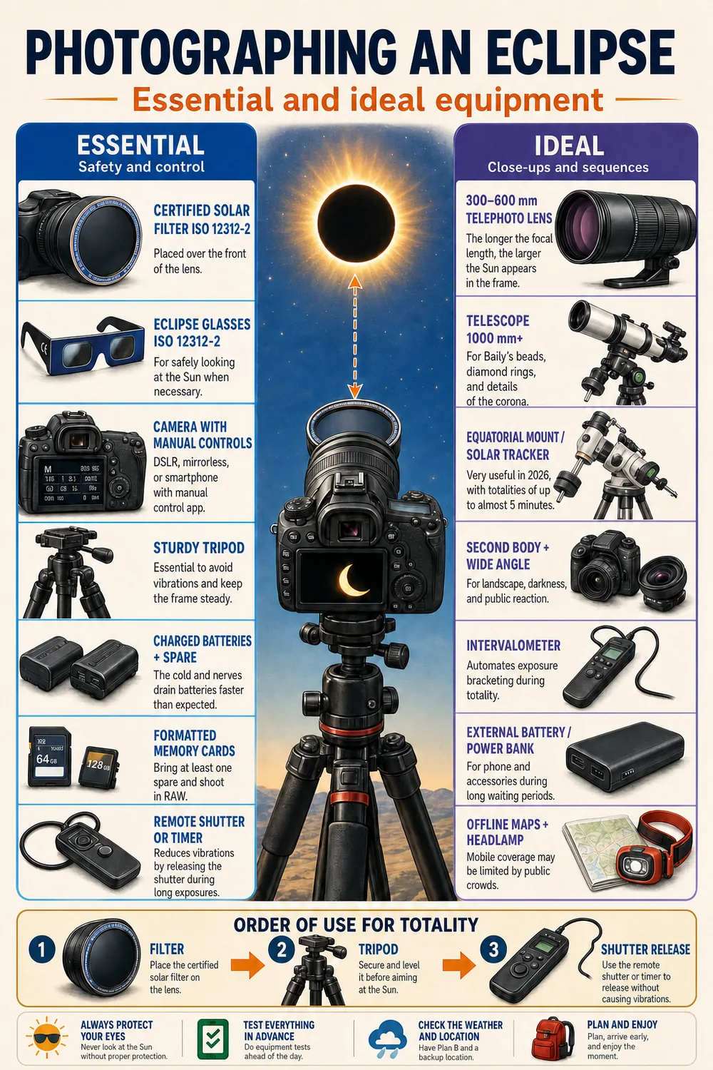 Infographic listing the essential and ideal camera gear for photographing a solar eclipse