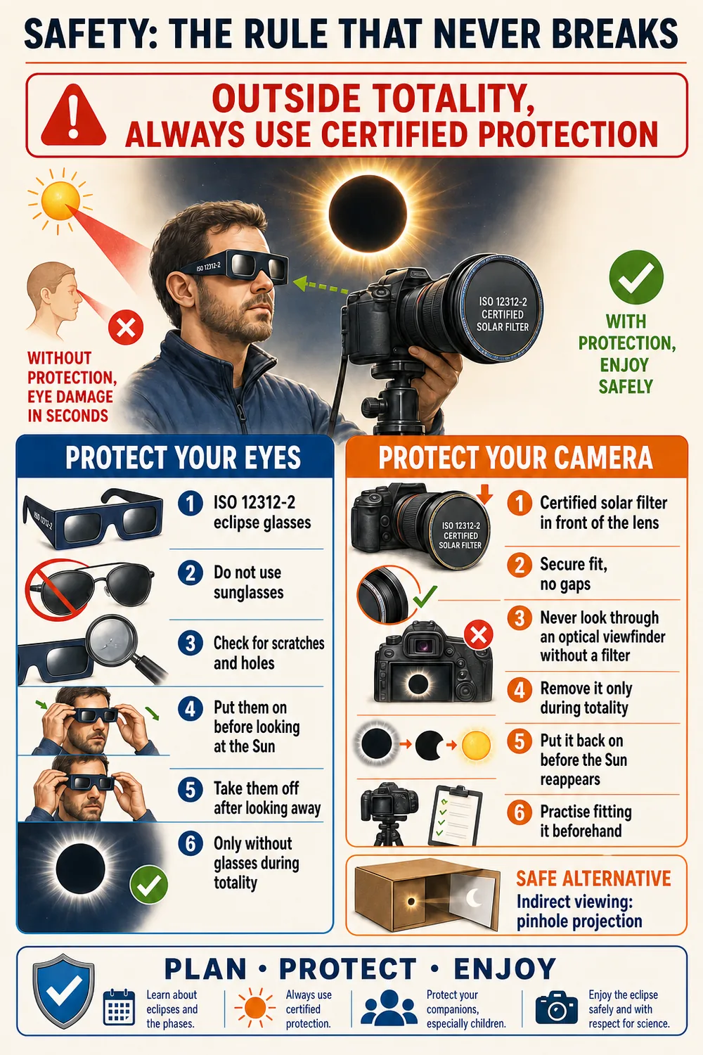 Infographic on safety measures for photographing a solar eclipse: eye and gear protection
