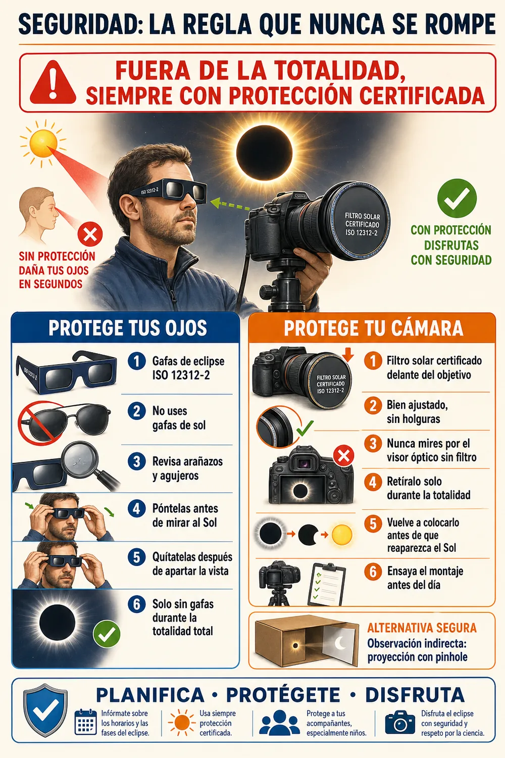 Infografía sobre medidas de seguridad para fotografiar un eclipse solar: protección ocular y del equipo