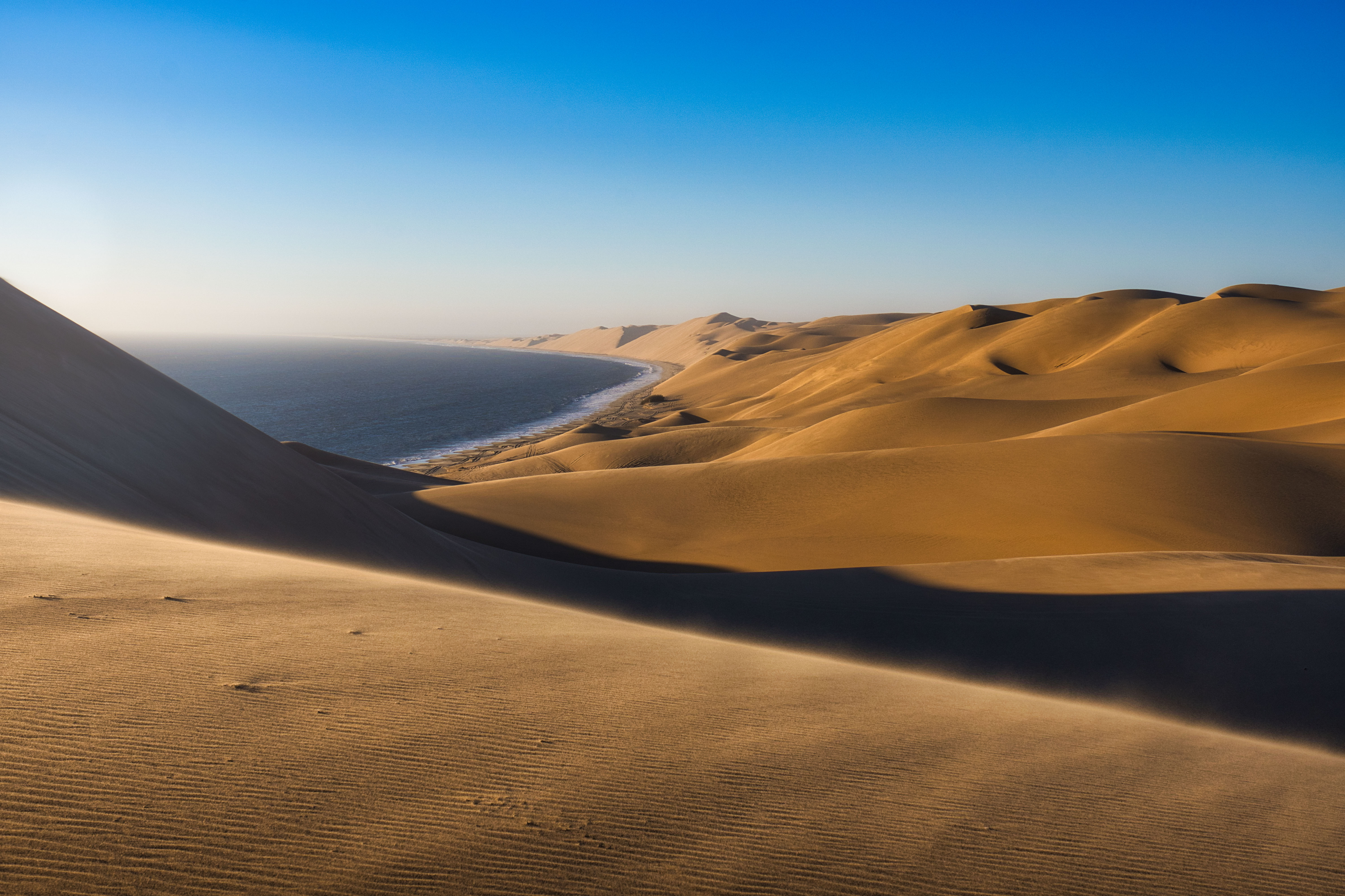 Dunas de arena dorada junto a océano azul en Namibia, con sombras marcadas y costa visible al fondo