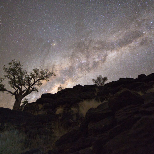 Vía Láctea sobre árbol quiébra en silhueta con formaciones rocosas de Namibia