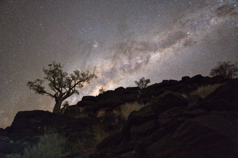 Vía Láctea sobre árbol quiébra en silhueta con formaciones rocosas de Namibia