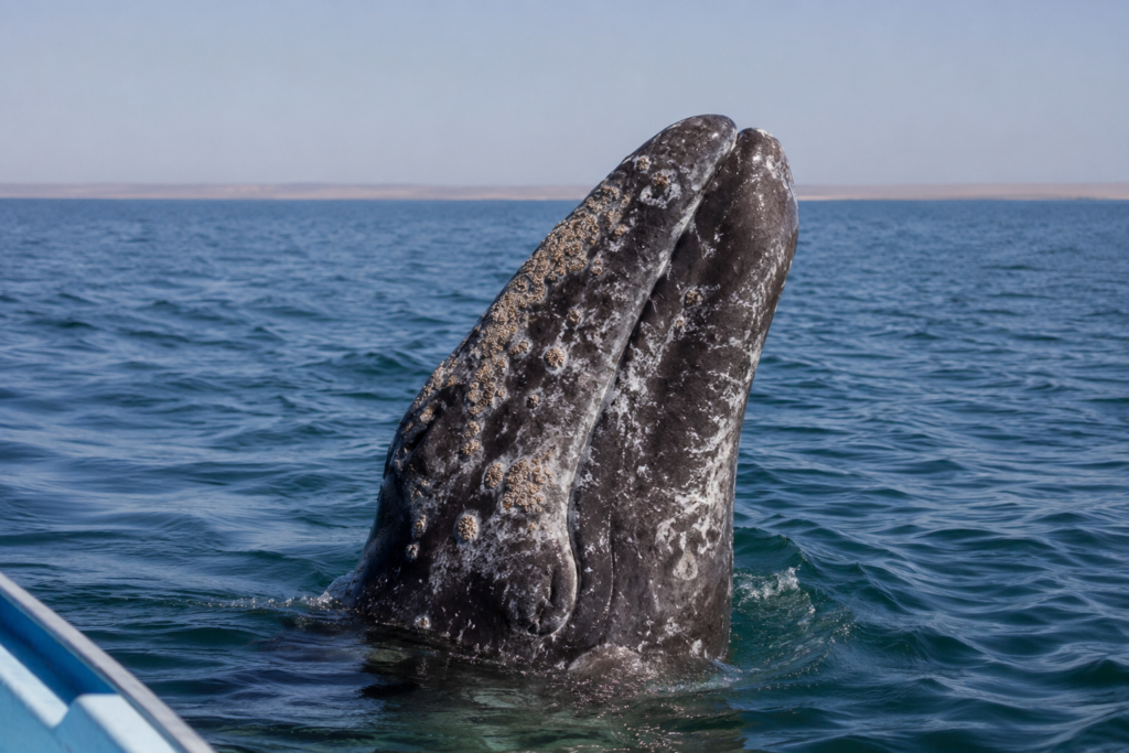 Ballena gris emerge verticalmente del agua mostrando su cabeza y cuerpo cubierto de percebes durante avistamiento marino.