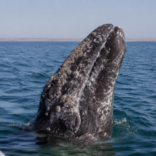 Ballena gris emerge verticalmente del agua mostrando su cabeza y cuerpo cubierto de percebes durante avistamiento marino.