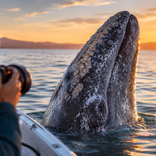 Fotógrafo captura ballena gris en buceo vertical al atardecer en el océano