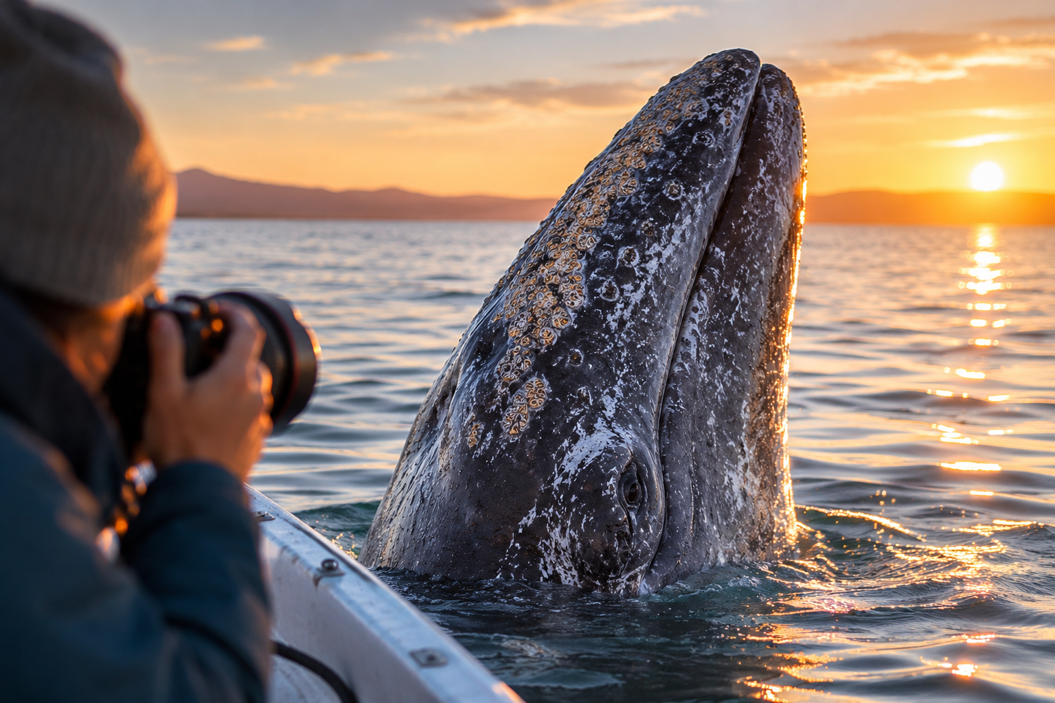 Fotógrafo captura ballena gris en buceo vertical al atardecer en el océano