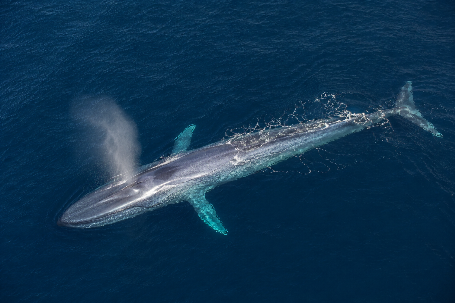 Ballena azul vista desde arriba en aguas azules del océano, mostrando su cuerpo alargado y aleta caudal