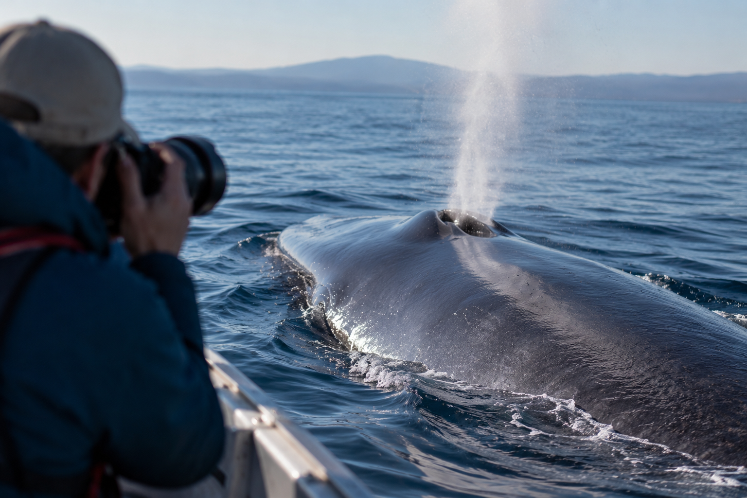 Fotógrafo a bordo de embarcación captura ballena azul expulsando agua por su espiráculo en el océano