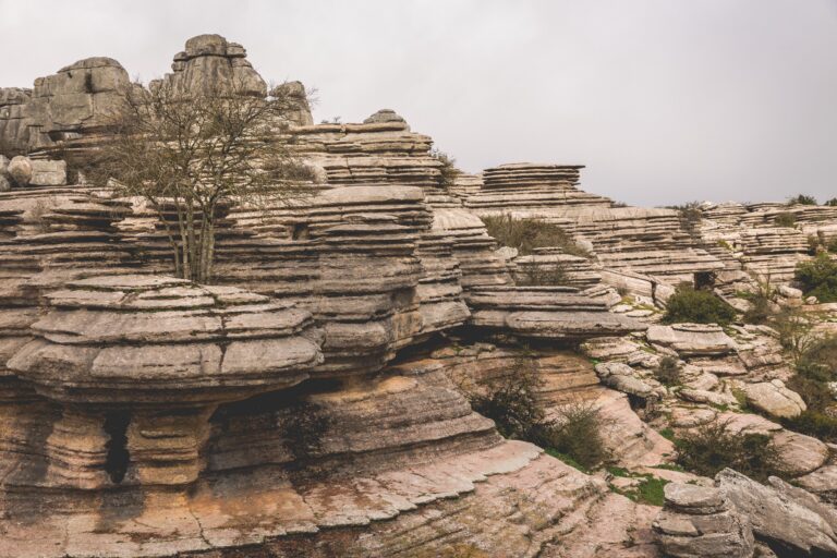 Formaciones rocosas estratificadas del Torcal de Antequera con vegetación dispersa y cielo nublado