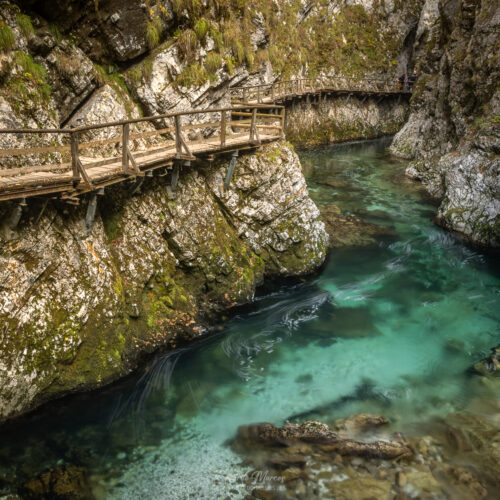 Pasarelas de madera sobre río turquesa en garganta rocosa de Vintgar, Eslovenia