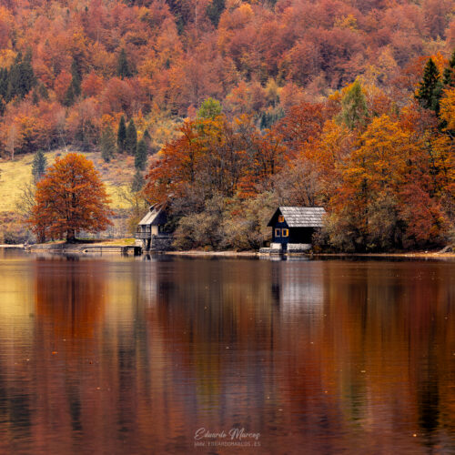 Casas de madera junto a lago alpino en otoño, rodeadas de bosque con árboles en tonos rojos y dorados