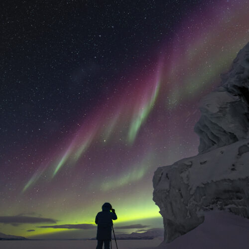 Fotógrafo con trípode bajo aurora boreal verde y rosa sobre hielo y nieve en Abisko, Laponia